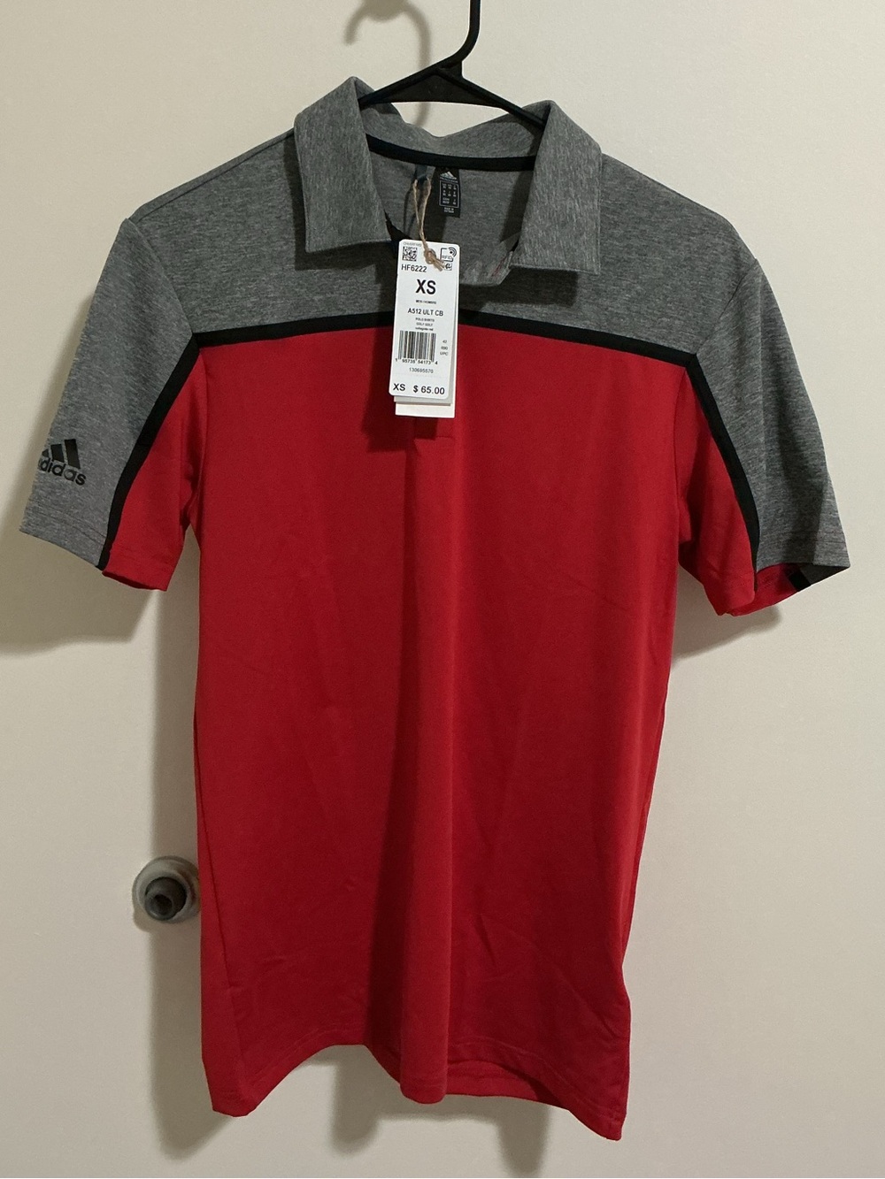 New! adidas Men's Red Polo with Gray Yoke and Black Trim NWT